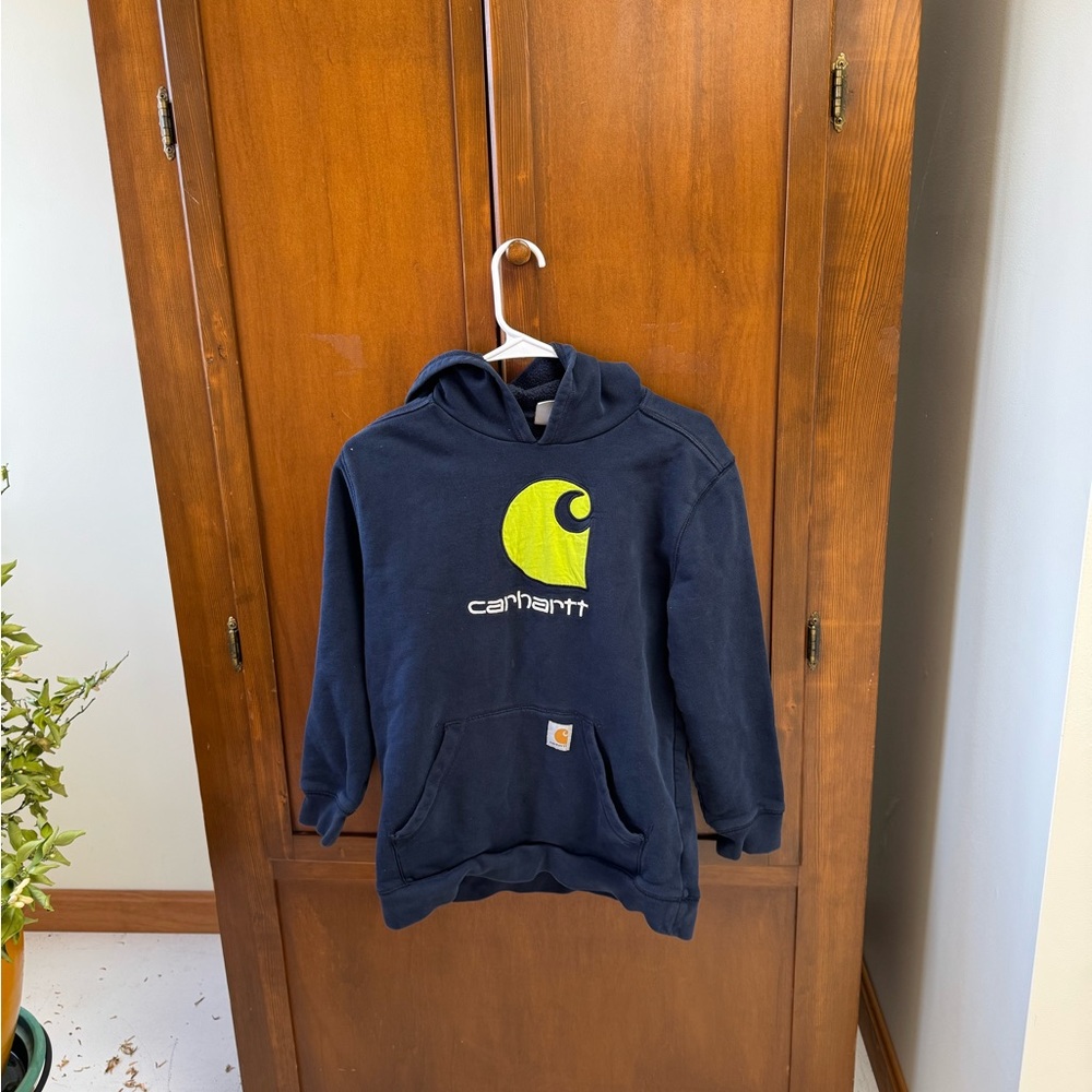 Carhartt Navy Blue Hoodie with Logo sizeL14-16 cotton poly blend